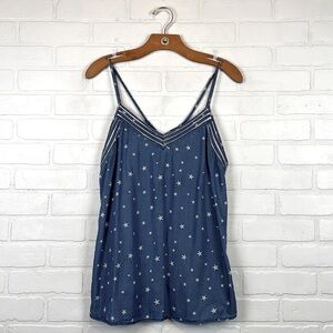 1250 Boho Denim Chambray Strappy Star Print Patriotic Tank Top Blouse M
